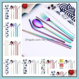 7 Pieces Portable Dinnerware St Set Korean Cutlery Stainless Steel Tableware Kitchen Tools With Cloth Bag Drop Delivery 2021 Flatware Sets K