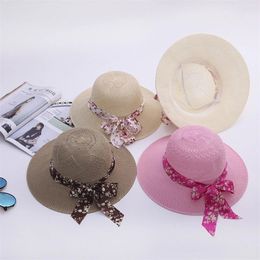 Summer Girls Wide Brim Bowknot Straw Hat with Ribbon Outdoor Sun Protection Women Hats Soild Colour Ladies Panama Caps 220627