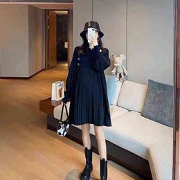 Pregnant Woman Spring Clothes Long Sleeve Oneck Knitting Patchwork Chiffon Pleated Dress Loose Pregnancy Dresses Black Green J220628