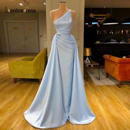 Party Dresses Elegant Sky Blue Evening Satin One Shoulder Long Empire Formal Gown Pleat Robe De SoireeParty