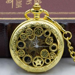 Pocket Watches 5pcs/lot Golden Hand Wind Mechanical Watch Men Hollow Gear Steampunk Skeleton Vintage With Fob Chain PJX1325Pocket