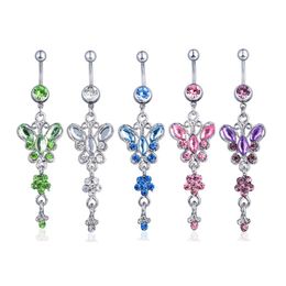 Crystal Butterfly Belly Button Ring Belly Piercing Ombligo Oreja Steel Long Dangle Navel Rings Sexy Body Jewellery