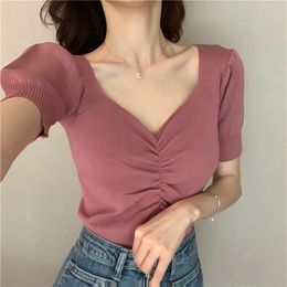 female girls short Puff Sleeve Tshirt women summer vintage thin Vneck slim knitted sweater short design shirts pullover tops T200617