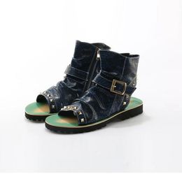 Fashion Men Sandals Snake Leather shoes Mixed Colours Rivets Studded Summer Ankle men Boots Open Toe Beach Flat Slipper