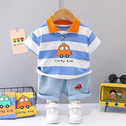 Clothing Sets Toddler Boy Clothes Kids Fashion Summer Stripes Lapel Cartoon Cute Car Short Sleeve Sports Shorts 2-piece Set 1 2 3 4 YearsClo