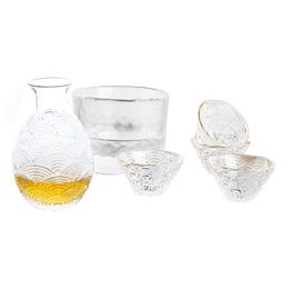Sake Bottle and Cup Set Seigaiha Asian Drinkware for Home Restaurant Traditional Japanese Sea Wave Pattern Clear Cold Sake Glasses