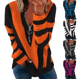 Winter Strip Spring Autumn Women Large Big Loose Zipper Sexy Printed Vintage T Shirts Tops Full Long Sleeve 220714