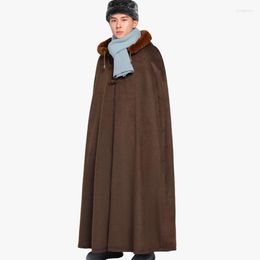 Men's Trench Coats Thicken Mens Capes Winter Warm Fur Collar Men Hooded Cloak Men's Windbreakers Vintage Male Medieval Outerwear Raincoa