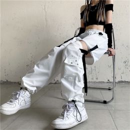 HOUZHOU White Streetwear Cargo Pant Y2k Harajuku Loose Patchwortk High Waist Trousers Casual Removable Techwear Korean 220325