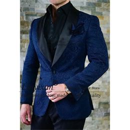Men's Suits & Blazers Navy Blue Jacquard Mens For Wedding Tailor Made Groom Tuxedos 2 Pieces Jacket Pants Male Prom Blazer Sets Groomsmen Su