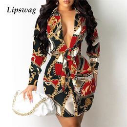 Autumn Women Long Sleeve Slim Party Dresses Sexy Deep V-Neck Lace-up Mini Dress Female Elegant Pattern Printed Shirts Dress 220423