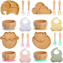 5pcs Wood Tableware Suction Plate Bowl Baby Feeding Spoon Fork for Kids Tableware Bamboo Dishes Bib Feeding Tableware Sets 220805
