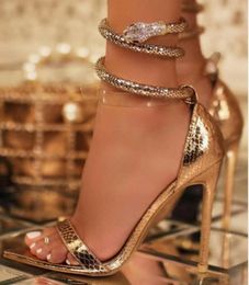 Women Sexy Gold High Heels Sandals Stiletto Pointed Open Toe 12cm/4.7 inch Ankle Snake Shaped Strap Shoes Dressy Summer Strappy Pump Shoes Plus Size