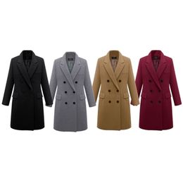 Autumn Winter Coat Women Casual Wool Solid Jackets Blazers Female Elegant Double Breasted Long Coat Ladies Plus Size 5XL 201221