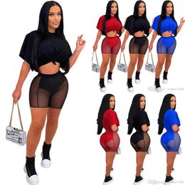 2022 Patchwork Mesh Tracksuits Sexy Clothes For Women Sheer Yoga Short Pants Outfits Two Piece Set Loose T Shirts Party Wear Fashion