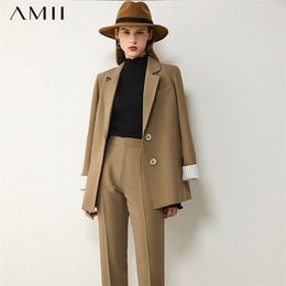 AMII Minimalism Autumn Women s Suit Olstyle Spliced Lapel Single breasted Autumn Coat Solid Female Pants 12020250 LJ201120
