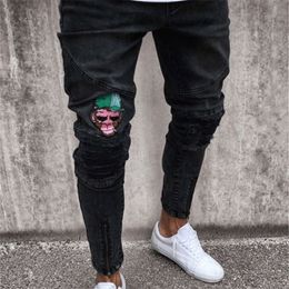 Jeans da uomo con ricamo di marca Moda Uomo Casual Slim fit Straight High Stretch Feet skinny jeans da uomo pantaloni neri homme T200614