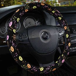 Steering Wheel Leather Cartoon Cute Cubre Volante Car Lip Printed Car Accessories Interior Woman Couvre Volante Voiture J220808