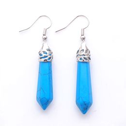 WOJIAER Natural Blue Turquoise GemStone Dangle Earrings Hexagonal Pointed Reiki Chakra Beads For Women Jewellery R3066