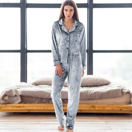 Hiloc Pocket Velvet Nightwear Turn Down Collar Velvet Pyjamas For Women Nightwear Pantsuits Winter Sets Womens Outfits Warm L220803