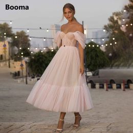 short blush tulle dress Australia - Booma Blush Pink Short Prom Dresses Off Shoulder Tiered Skirt A-Line Party Dresses Pleated Tea-Length Tulle Formal Gowns 220429