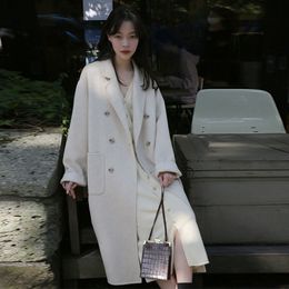 Korea Women Autumn Winter Double Breasted Long Cashmere Slim Wool Coat Ladies Sleeve Overcoat Parka Jacket 201102