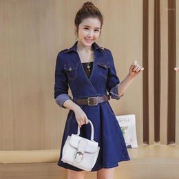 Casual Dresses Winter Women Dress 2022 Mini Elasticity Denim Long Sleeves High Waist Turn-down Collar Slim Ladies Jeans Vestidos