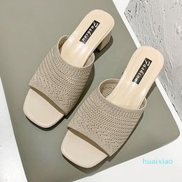 Fashion Summer Sandals Women Shoes Mules Slides Peep Toe Square High Heels Female Shoe Casual Heel 35-391