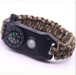 Wholesale outdoor Survival 550 LBS Tactical Paracord Bracelet for Outdoor Camping 7 core parachute rope bracelets with compass whistle sos led lamp lights