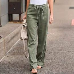 2022 Women Pants Fashion Linen Cotton Solid Elastic Waist Trousers Female Plus Size Ankle-length Trousers Summer Casual Pants