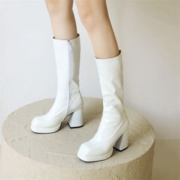 Gogo Damenstiefel, kniehoch, klassische quadratische Zehenpartie, Plateauabsatz, langer PU-Leder-Reißverschluss, Unisex-Partykleid-Schuhe 211105