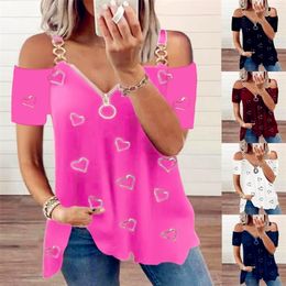 Summer Women Tops Tees Femme Off Shoulder T Shirts Zipper Casual Love Ruffles Short Sleeve Loose Sexy Boho Shirt 220526