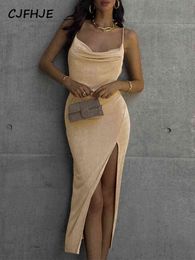 CJFHJE 2022 Sleeveless Satin Solid Ruched Bandage Cut Out Maxi Dress Autumn Winter Women Fashion Sexy Party Club Clothings T220816