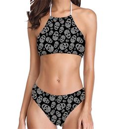 Women Swimming Suit Female Bikinis Set Cute Skull Print Girls Padded Bathing Suit Ladies Beach Halter Swimwear Plus Size Biquini 220616