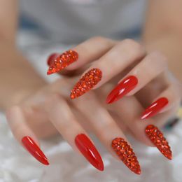 long sharp nails Canada - False Nails Luxury 3D Sexy Red Rhinestones Extra Long Sharp Stiletto Tips Pointed Stilettos Press On Fingers Full CoverFalse