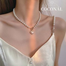 Pendant Necklaces Korean Vintage Elegant Pearl Beads Necklace For Women Fashion Rhinestone Shell Golden Heart Pendent Choker Jewelry