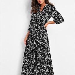 Aachoae Vintage Floral Print Maxi Dress Women Boho Three Quarter Sleeve Long Dress Turn Down Collar Casual Shirt Dresses Robe 220531