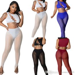 2022 New Fashion Women two piece Pants Outfits Sexy Sleeveless tracksuits Hollow Out Bandage Mesh Perspective Tight Body Suit