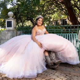 Light Pink Pearls Ball Gown Quinceanera Dresses Rhinestones Halter Neckline Crystals Princess Prom Gowns Flowers Appliqued Sweet 15 Masquerade Dress