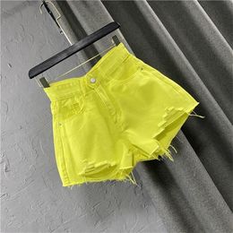 Summer Sexy Women Candy Color Denim Shorts Fashion Ladies Green Ashaped Ripped Jeans Short Pants Korean Style Streetwear 220530