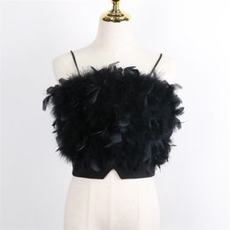 Fashion Women Sexy Furry Tops Camis Women Casual Tank Tops Vest Sleeveless with Real Ostrich Feather T02 220331