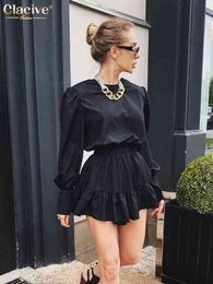 Clacive Fashion Black Elegant Dresses For Women Bodycon O-Neck Lantern Sleeve Mini Dress Lady Streetwear Vintage Pleated Dress T220804