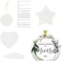 DHL Delivery 3-inch Sublimation Blank White Christmas Engaged Customised Ornament Round Heart Circle Star Shape Ceramic Xmas Tree Decor Hangtag