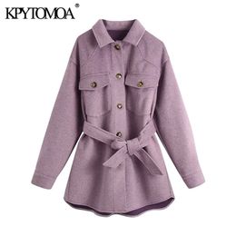 KPYTOMOA Women Fashion With Belt Loose Woolen Jacket Coat Vintage Long Sleeve Side Pockets Female Outerwear Chic Overcoat 201215