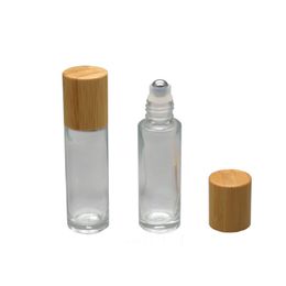 Empty Eye Cream Roll on Massage Refillable Bottle Steel Roller Bamboo Wooden Lid 15ml 10ml Cosmetic Packaging Round Clear Glass Essential Oil Vials