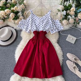 Boho Ruffles sexy Off shoulder polka dot print patchwork Summer short Dress Women slim waist dress casual a-line beach dress Y220413