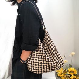 Evening Bags Women Casual Vintage Crochet Cotton Hobo Handbag Female Ins Trends Knitted Checkerboard Plaid Everyday Slouchy Over Shoulder Ba