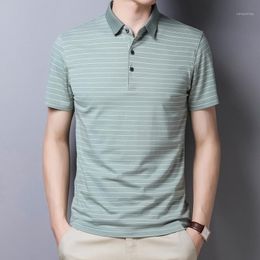 Men's Combed Cotton Striped Shirt Business Casual T-shirt Summer Lapel Short-sleeved Polos