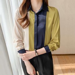 Women's Blouses & Shirts 2022 Spring Office Lady Patchwork Silk For Women Long Sleeve Color Contrast Satin Blouse Plus Size Tops Blusas Muje