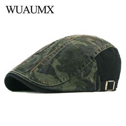 Wuaumx Spring Autumn Camouflage Berets Hats Men Women Fishbone Caps Washed Cotton Newspaper Boys Cap Cabbie Ivy Flat Hat Adjustable J220722